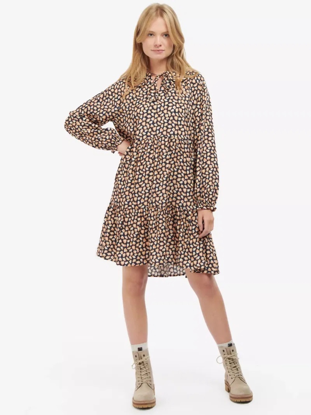 Barbour Apia Smock Long Sleeve Tiered Mini Dress in Neutral Spot Print Size 12